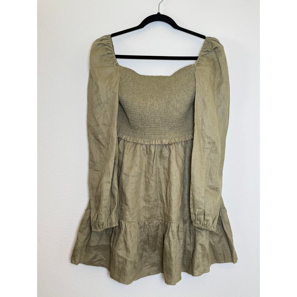 Quince 100% European Linen Smocked Mini Dress – Washed Olive – Large